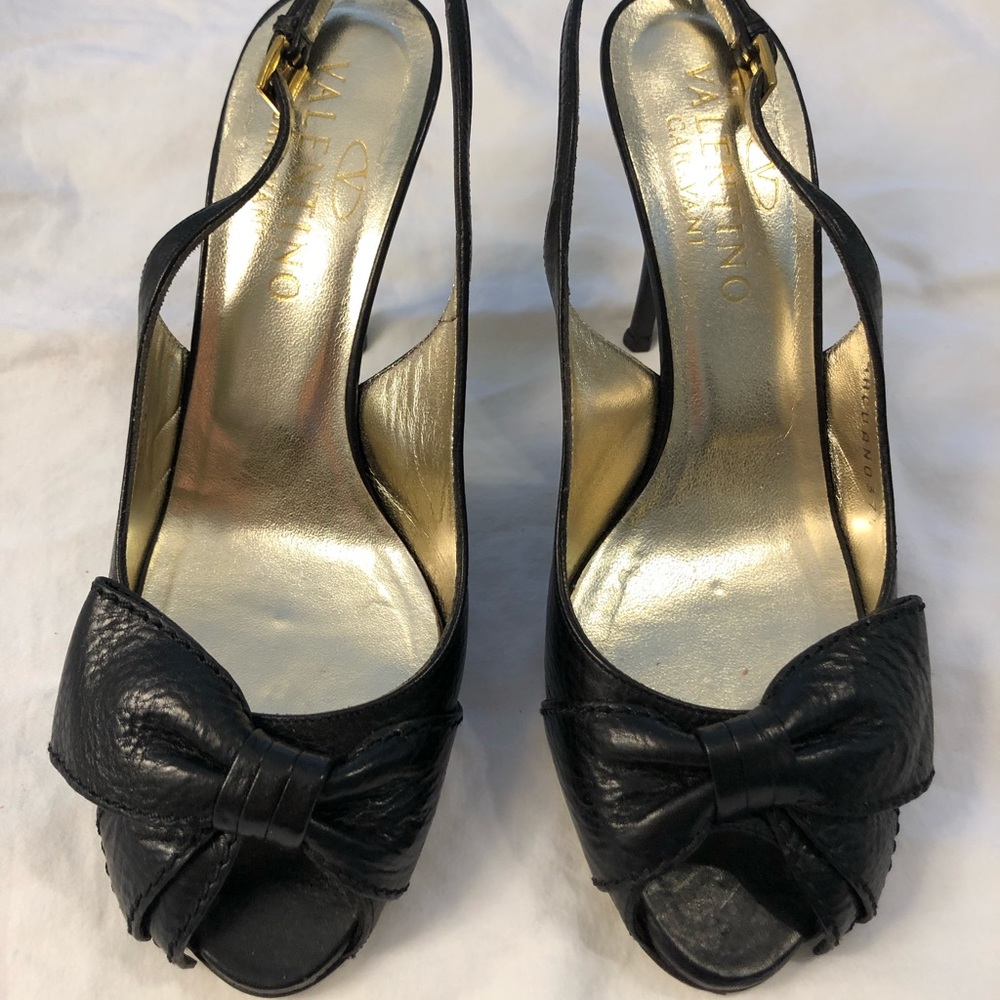 Valentino Black Leather Peep toe Bow Slingback 7.5